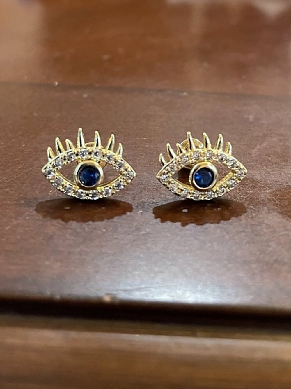 Gold Boho Evil Eye Protection Stud Earrings Blue Clear CZ | Eyelash | Talisman - Picture 5 of 13